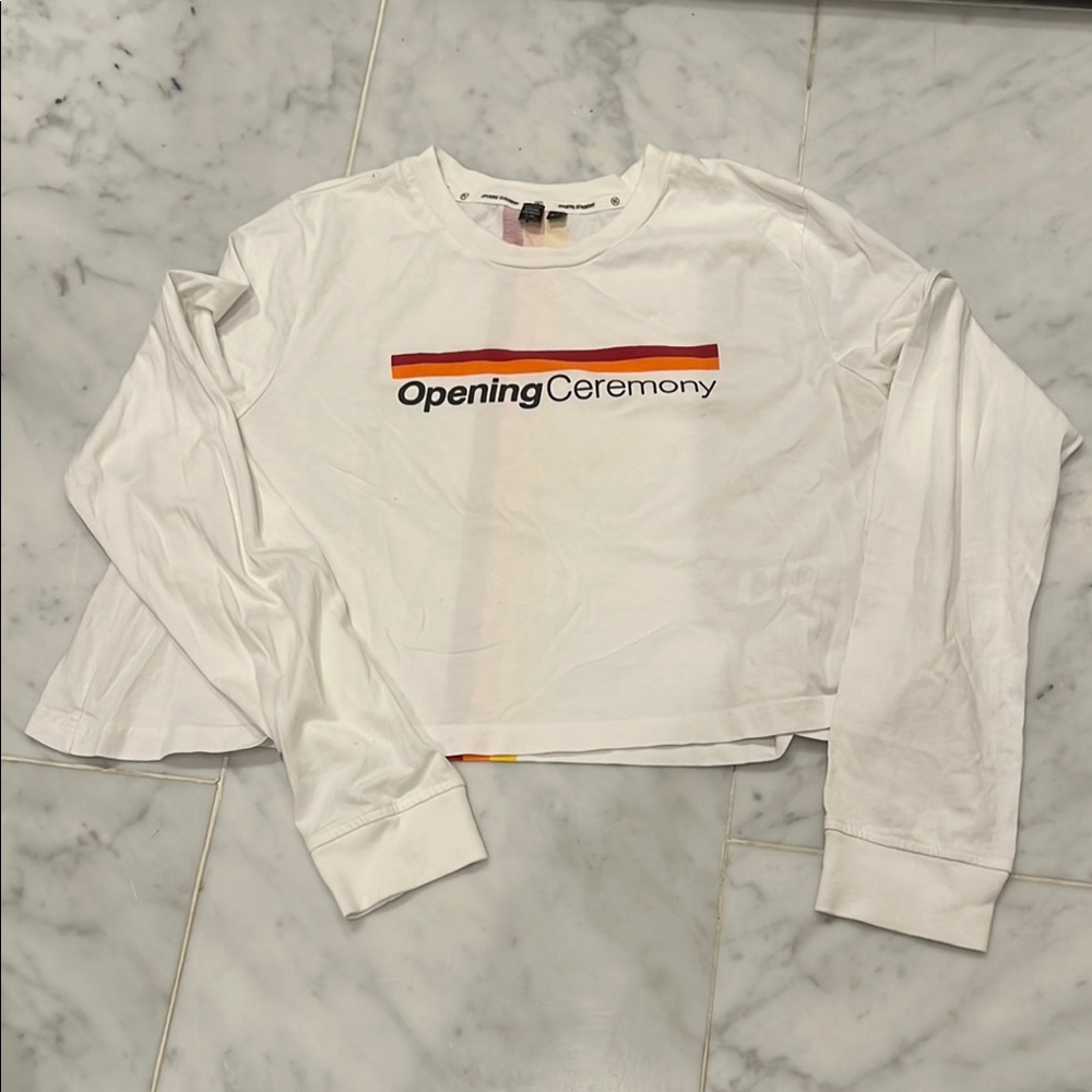 Opening Ceremony White Long-Sleeve Logo Crop Tee with Red-Orange Stripe